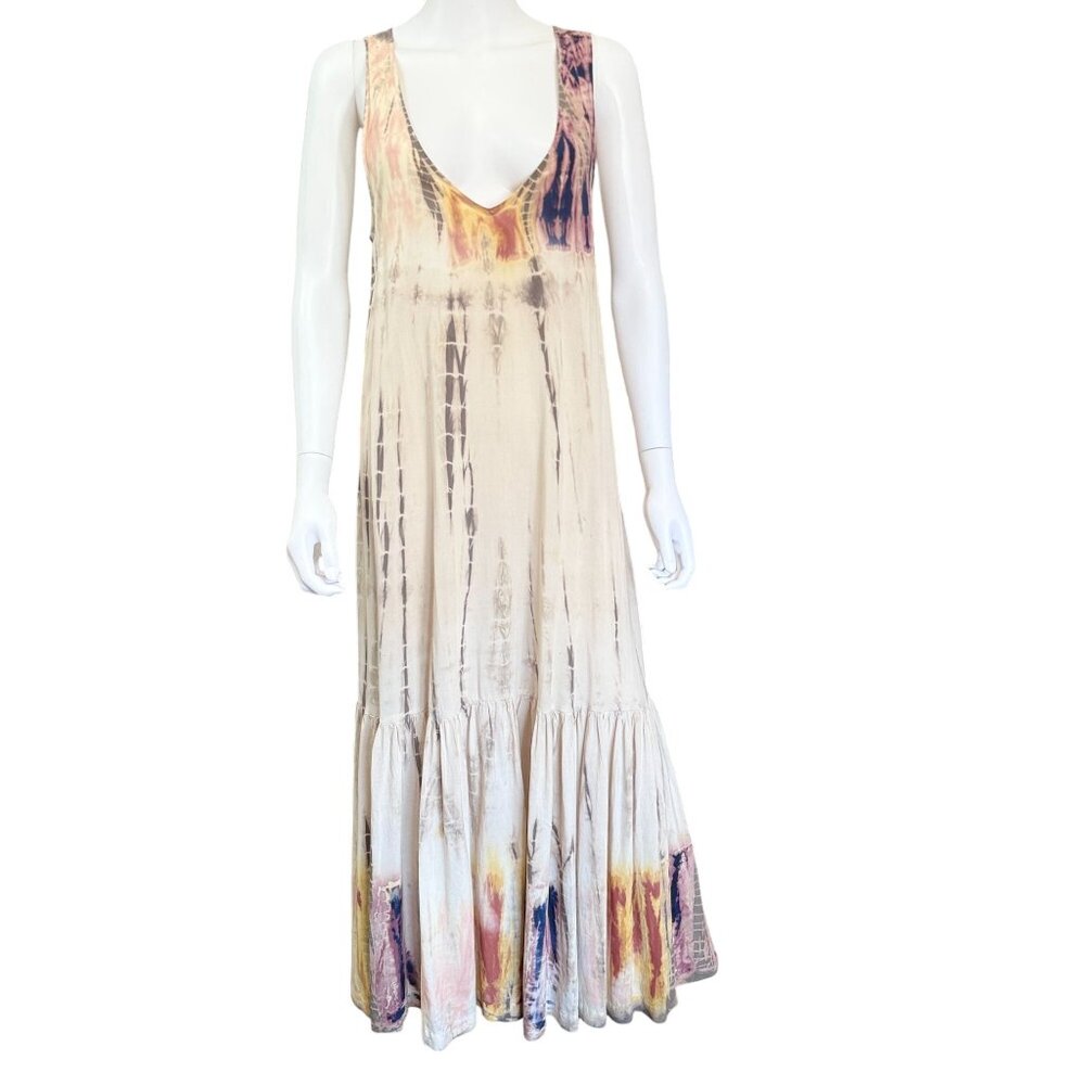The Odells Womens Tie-Dye Maxi Dress Rayon Beige Multicolor Relaxed Boho Style M